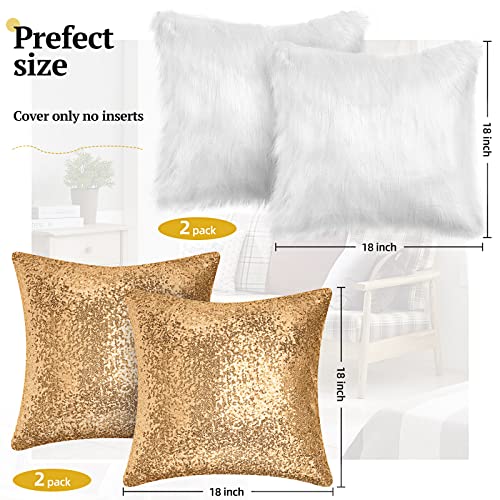 4 Pcs Sequin And Fluffy Pillow Cases Winter Faux Fur Throw Pillow Covers Glitter Pillow Cases Soft Fuzzy Cushion Cover For Couch Bed Sofa Christmas Day (Gold, White, 18 X 18 Inch) #TOP1