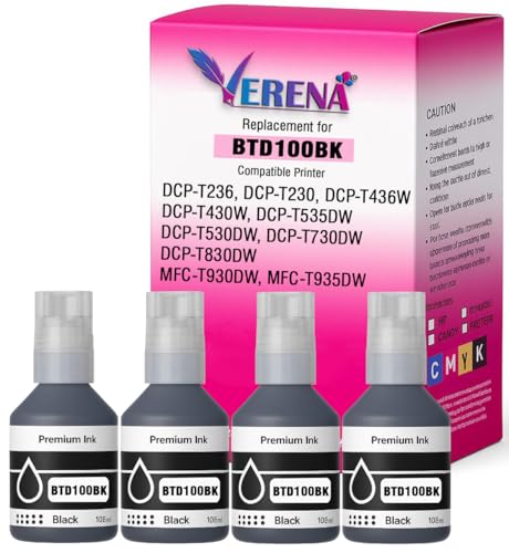 Image of VERENA BTD100 Refill Ink Compatible with Brother DCP-T236, DCP-T230, DCP-T436W, DCP-T430W, DCP-T535DW, DCP-T530DW, DCP-T730DW, DCP-T830DW, MFC-T930DW Printers (Black Pack of 4)