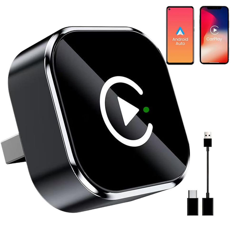 2 en 1 Adaptador CarPlay Inalámbrico, CarPlay Cableado a Inalámbrico, para Coches con CarPlay/Android Auto, para iPhone iOS 10+ & Android 11+, Compacto y Estable Bluetooth Car Play Wireless Adapter