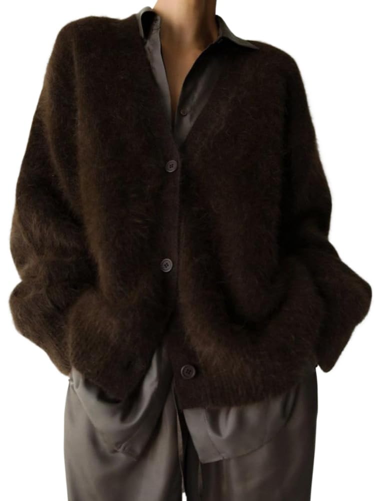 Womens Fuzzy Sweaters Cardigan V-Neck Button Down Oversized Mohair Sweater Casual Y2k 2025 Fall Winter