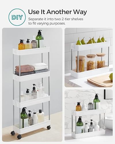 Songmics 4-Tier Slide Out Storage Cart, Slim Rolling Cart On Wheels, Slim Storage Cart, Space-Saving Bathroom Storage, Kitchen, Narrow Shelf, 15.7 X 5.3 X 33.9 Inches, White Uksc08Wt #TOP5