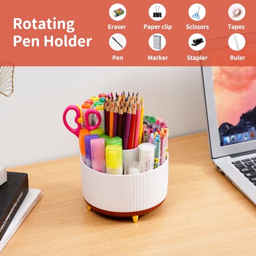 Image of Marbrasse Desk Organizer, 360-Degree Rotating Pen Holder, Desk Organizers and Accessories with 5 Compartments Pencil Holder, Art Supply Storage Box Caddy for Office, Home (White+Red)