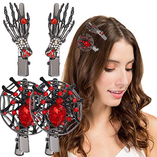 Halloween Skeleton Claws Hair Clips Metal Hand Bone Duckbill Hair Clips Rhinestone Spider Web Alligator Clips Hair Barrettes for Women Girls Party (Red)