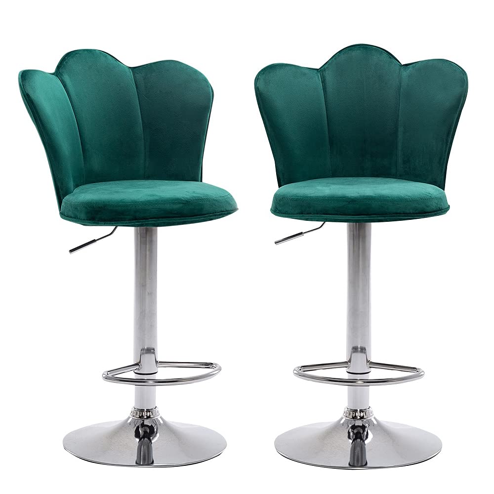 Set of 2 Barstool, Adjustable Height High Stool with Back and Footrest, Pub Chair Filled Cotton Metal Counter Chair for Office Bar Home(green)