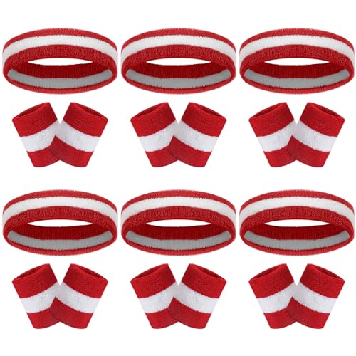 Image of 18 Pcs Sweatbands Headband Wristband Set Colorful Striped Terry Cloth Sports Athletic Gym 80s Sweat Headbands