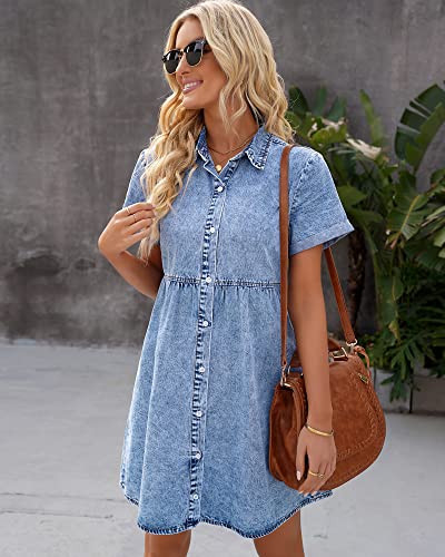 GRAPENT Denim Dress for Women Babydoll Tiered Short Sleeve Button Down Jean Shirt Dresses - Image 5