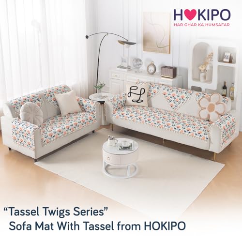 Image of HOKIPO Folk Garden Quilted Sofa Cover 5 Seater Set with Tassels - Washable 3+2 Sofa Cover Mat |'Tassel Twigs' Series (IN-985-T9 + IN-983-T9)
