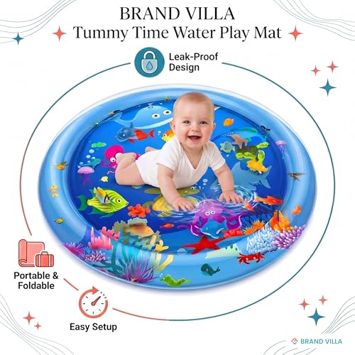 Image of BRAND VILLA Baby Water Play Mat for Tummy Time, Inflatable Leak Proof Sensory Activity Playmat with Colorful Sea Animals, BPA Free Early Development Toy for Infants & Toddlers 3-24 Months, Baby Gift