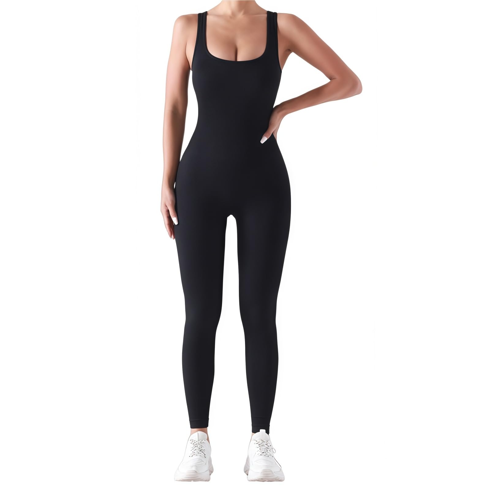 TouKingda Sleeveless Jumpsuit for Women Black Yoga Playsuit Bodycon Bodysuit Seamless U Neck Tank Top Full Length Ribbed Knit Sports Romper Slim Fit Workout Going Outfits M