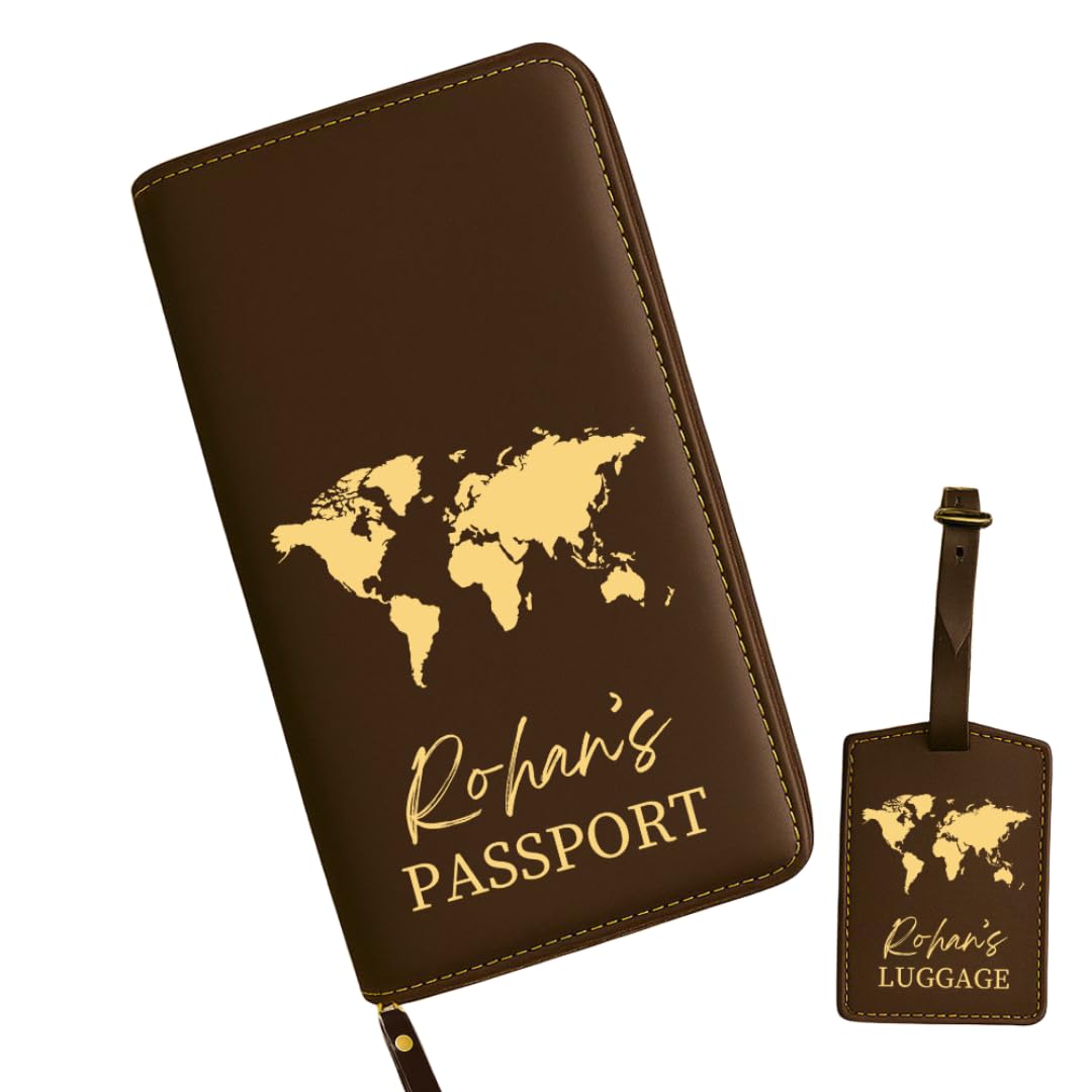 Personalized Wallet for Passport and Cards with Luggage Tag, Brown Faux Leather, World Map Design-image-28