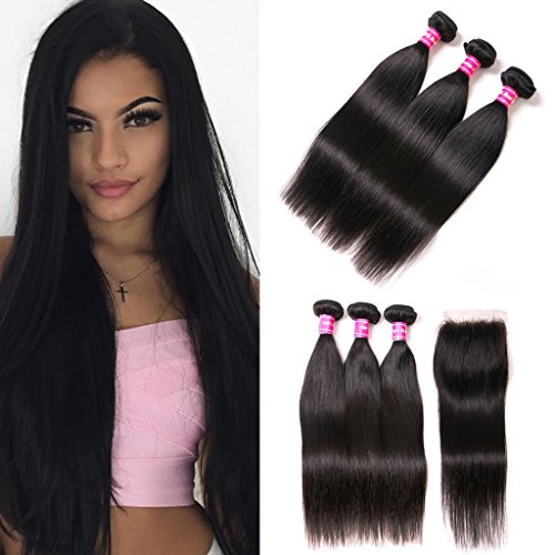 Aphro Hair Brazilian Straight Hair Bundles With Closure 10 Inch Free Part Closure 8A Unprocessed Virgin Human Hair Weave Straight Human Hair Bundles With Lace Closure 12 14 16+10