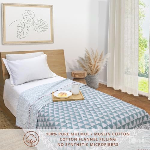 Image of TOAIArt Premium Jaipuri Dohar | AC Blanket Summer Quilt | Hand Block Printed | 3 Layers | Reversible | 150GSM 100% Mulmul Cotton | 100% Cotton Flannel Filling | Single 60 inch X 90 inch |Geometric Triangles