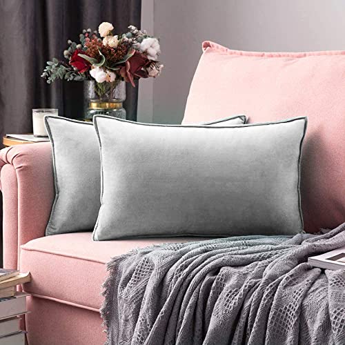 Khooti Decorative Velvet Rectangular Cushion Cover Throw Pillow Cover for Living Room Couch Single Sofa, Colourful Modern 14 x 20 Inches / 35 x 50 cm (Colour - Light Grey)(Set of 2 Pieces) C2-220 TC