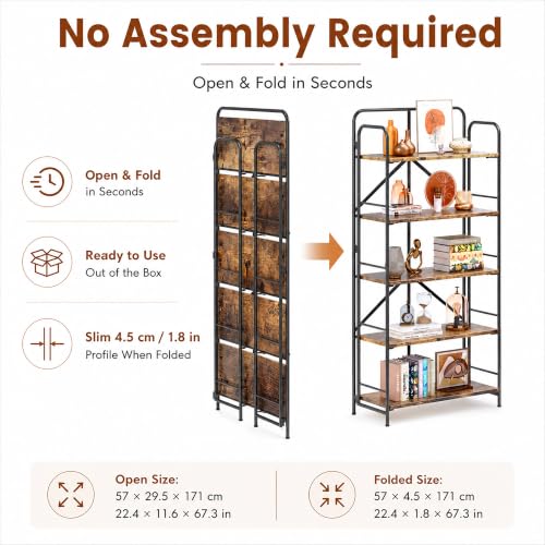 Image of 4NM No Assembly Folding Bookshelf, 5 Tiers Collapsible Book Shelves Open Industrial Foldable Storage Bookcase Shelf for Bedroom, Living Room, Home Office - Rustic Brown and Black