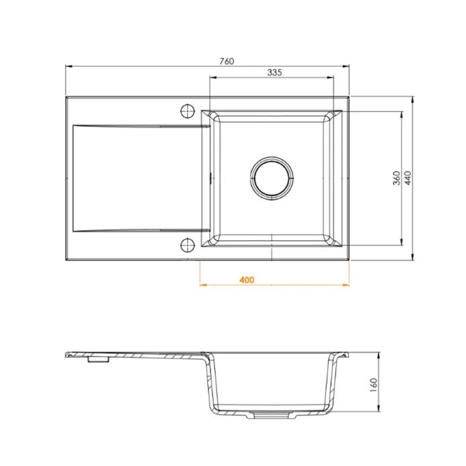 QLS Fregadero 76x44 cm de cuarzo negro con escurridor | Para cocinas modernas, reversible, resistente a arañazos, calor y UV, con sifón automático
