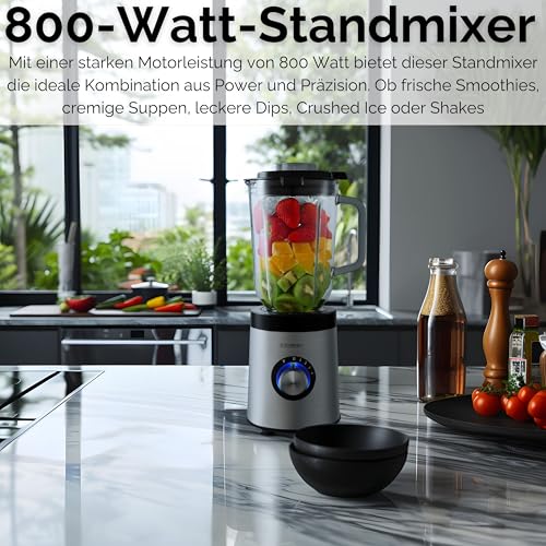 Steinborg® Standmixer Glas Edelstahl 800 Watt 1,5 Liter Glaskrug Universal Power Mixer Smoothie Maker Zerkleinerer Multifunktionsmixer 6-Fach Messer Ice Crusher 5 Stufen + Pulse Funktion – Bild 3