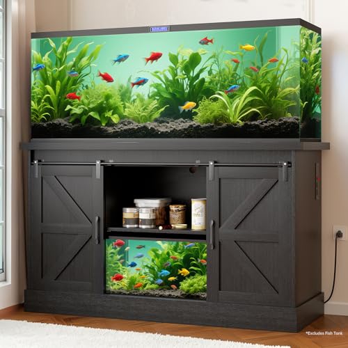 Fish Tank Stand Up to 75 Gallon, Aquarium Stand with Sliding Barn Doors & Power Outlet, Black Farmhouse Style Stand with Cabinet Storage for Fish Tank, Turtle Tank, Reptile Terrarium,1000LBS Capacity