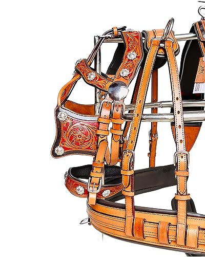 Designer 3 Tone Horse Driving Harness for a Single Horse Cart with Gorgeous Conchos (Full, Red) - Thumbnail 5