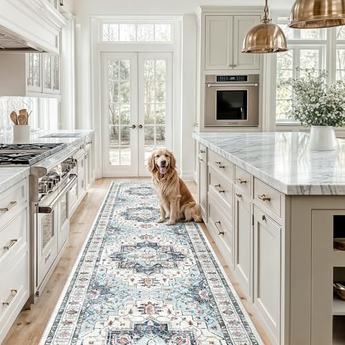 Madane Hallway Runner Rug 2'6''x12' Kitchen Runner, Non Slip Vintage Runners for Hallways Washable Kitchen Rugs Soft Low Pile 2.5x12 ft Rug Runner for Laundry Room, Entryway and Bedroom, Blue