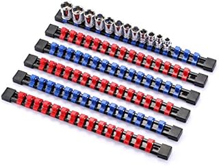 CASOMAN 6 Pieces 3/8" Drive Socket Organizer Rails, SAE and Metric Socket Holder Rail, Red & Blue Premium Quality Socket Holder, Mountable Sliding Tray Rack Tool Rail Holder, for 3/8-inch Socket Only