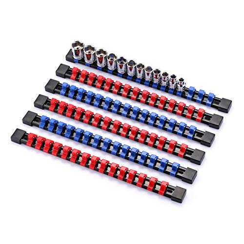 CASOMAN 6 Pieces 3/8 Drive Socket Organizer Rails, SAE and Metric Socket Holder Rail, Red & Blue Premium Quality Socket Holder, Mountable Sliding Tray Rack Tool Rail Holder, for 3/8-inch Socket Only