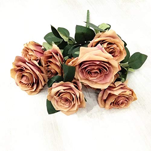 ZIHANJIAU 10 Heads Silk Artificial Rose Flowers Fake flower Bouquet Buch Wedding Home Party Decor (COFFEE)