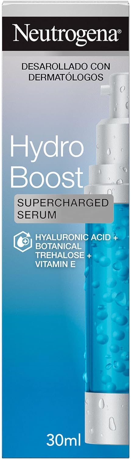 Neutrogena Hydro Boost Supercharged Serum (30 ml), sérum facial de hidratación intensa e inmediata, sérum para el cuidado facial con Ácido Hialurónico, Trehalosa y Vitamina E,