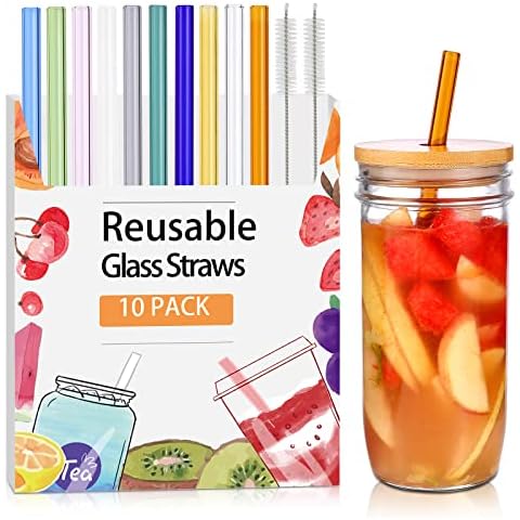 [10 Pcs] Reusable Glass Straws Shatter Resistant - 9" x 10 mm Multicolor Drinking Reusable Straws With 2 Cleaning Brushes for Coffee,Milkshakes,Juice Drinks Cover