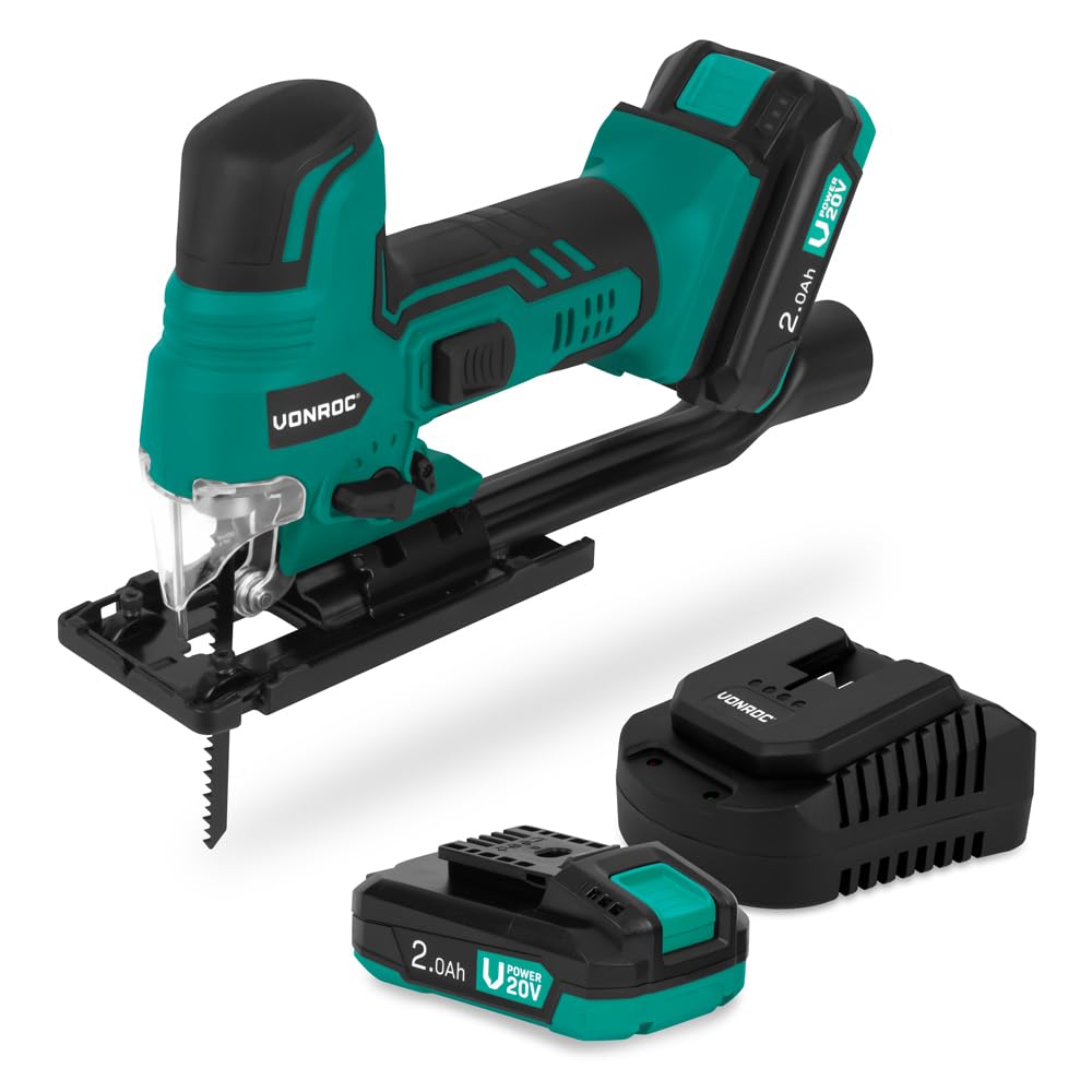 VONROC Wyrzynarka VPower 20 V - ergonomiczny uchwyt - regulowana prędkość obrotowa i kąt piły - w zestawie akumulator 2,0 Ah i ładowarka do szybkiego ładowania - 2 brzeszczoty (2x 2.0Ah)
