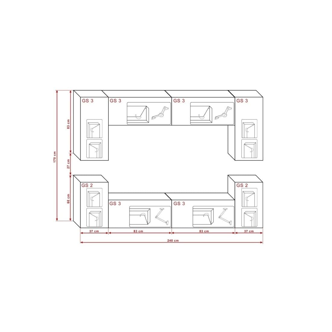 Meublorama Conjunto de Muebles de salón Blancos Colgantes colección CEPTO I 240cm, 8 Puertas, 6 estantes, Luces led.