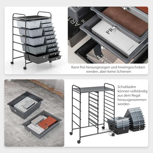 FANTASK Rollwagen mit 15 stapelbaren Schubladen, Schubladenwagen Rollcontainer mit Metallgestell, Badrollwagen Aufbewahrungswagen für Büro Wohnzimmer, 62,5 x 37 x 87 cm
