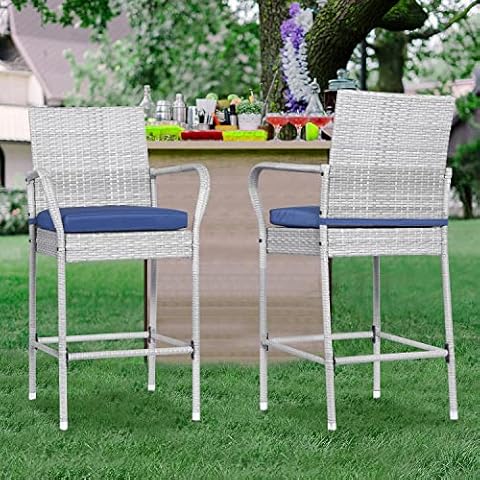 Patio Stools & Bar Chairs Outdoor Wicker Bar Stools Set of 2 Counter Height Bar Stools Patio Chairs Bar Height with Footrest Armrest Cushion Navy Blue All Weather Rattan for Garden Pool Lawn Backyard Cover