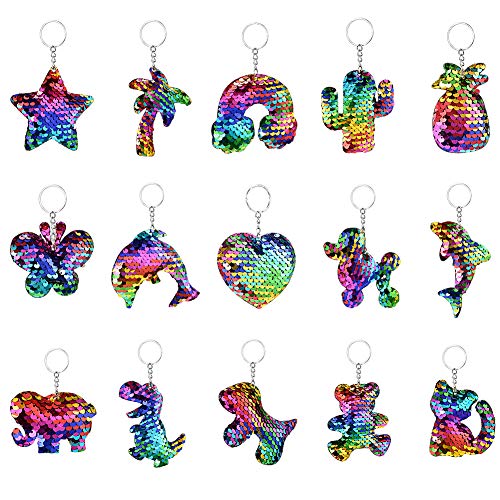 Demine 15 Pcs Lentejuelas Llavero, Flip Lentejuelas Llavero para Dinosaurio Delfín Gato Animales Forma, Suministros de Niños Adultos Fiesta para Eventos Regalo de Clases Premios Cumpleaños Regalo