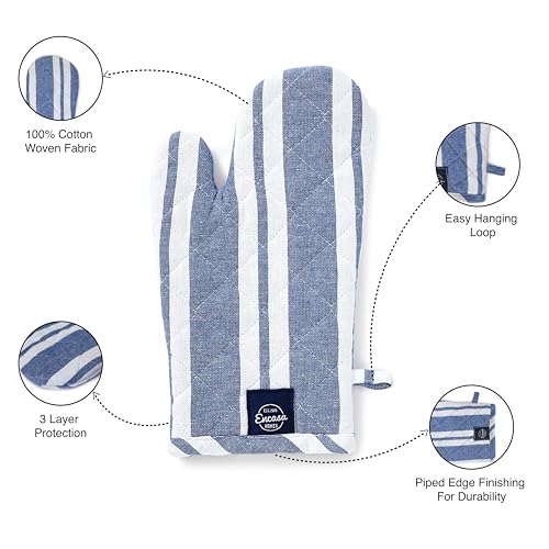 Image of Encasa XO Oven Gloves for Microwave (2 pc Set) - Heat Proof, Thick & Safe | Longer 18x30 cm Mittens for Protection in Kitchen Cooking & Baking - Franca Blue Stripes