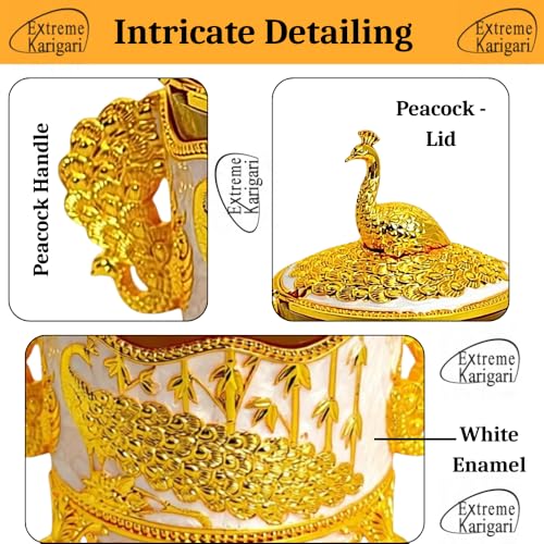 Image of Premium Decorative Peacock Design Sugar Pot | Jar with Spoon | Gold-Plated, White Enamel | Embossed Peacock Glass Container for Home Decor, Kitchen & Gifting
