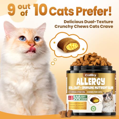 Image of Cat Allergy Relief Chews for Cats with Probiotics, 500 Crunchy Treats | Cat Itchy Skin Relief with Omega-3 Fish Oil, Chicken Flavor, Supports Immune Skin & Coat Health, Licking, Seasonal Allergies