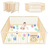 GREHITK Wooden Baby Playpen, Foldable Large Fence and Play Yard for Toddlers, Adjustable Shape & Size, Safety Gate With Locking Door, Kids Activity Center