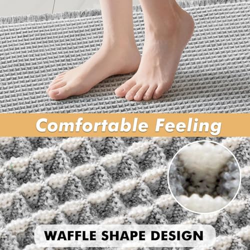 Image of HomeCloud Waffle Bath Mat, Super Absorbent Non Slip Mats for Bathroom Floor, Machine Washable Bathroom Rugs with Tassels,Ultra Soft (White Grey)