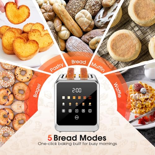 Image of Toaster 2 Slice with Touchscreen, 1.5 inch Wide Slots & Memory Recall | 900W Stainless Steel Smart Digital Toasters | 6 Shade Settings for Bagels & Thick Bread | Defrost Reheat Single-Slice Mode
