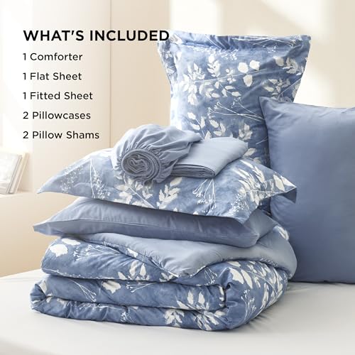 Image of Bedsure Floral Blue Comforter Set, Queen Bedding Sets, 7 Piece