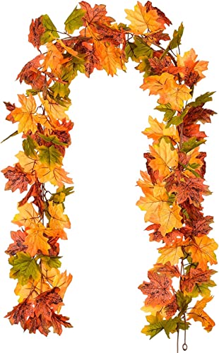 Artificial Autumn Maple Leaves Garland Autumn Decorations Fall Hanging Plant for Home Garden Wall Doorway Backdrop Fireplace Decoration Wedding Party Thanksgiving Decor Yellow 1.75m