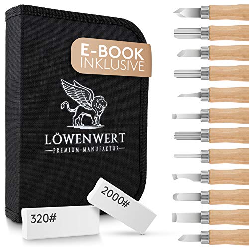 LÖWENWERT® - Schnitzwerkzeug für Holz - 14 teiliges Schnitzmesser Set - Premium Japanstahl - für Anfänger und Profis - Von Experten entwickelt