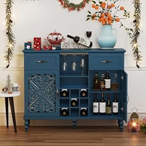 ARTPOWER 47.2″ Vintage Wine Bar Cabinet with 2 Hollow Carved Door, Antique Liquor Cabinet with 9 Wine Racks and Glass Holder, Coffee Bar Organizer with Storage for Home, Living Room, Blue