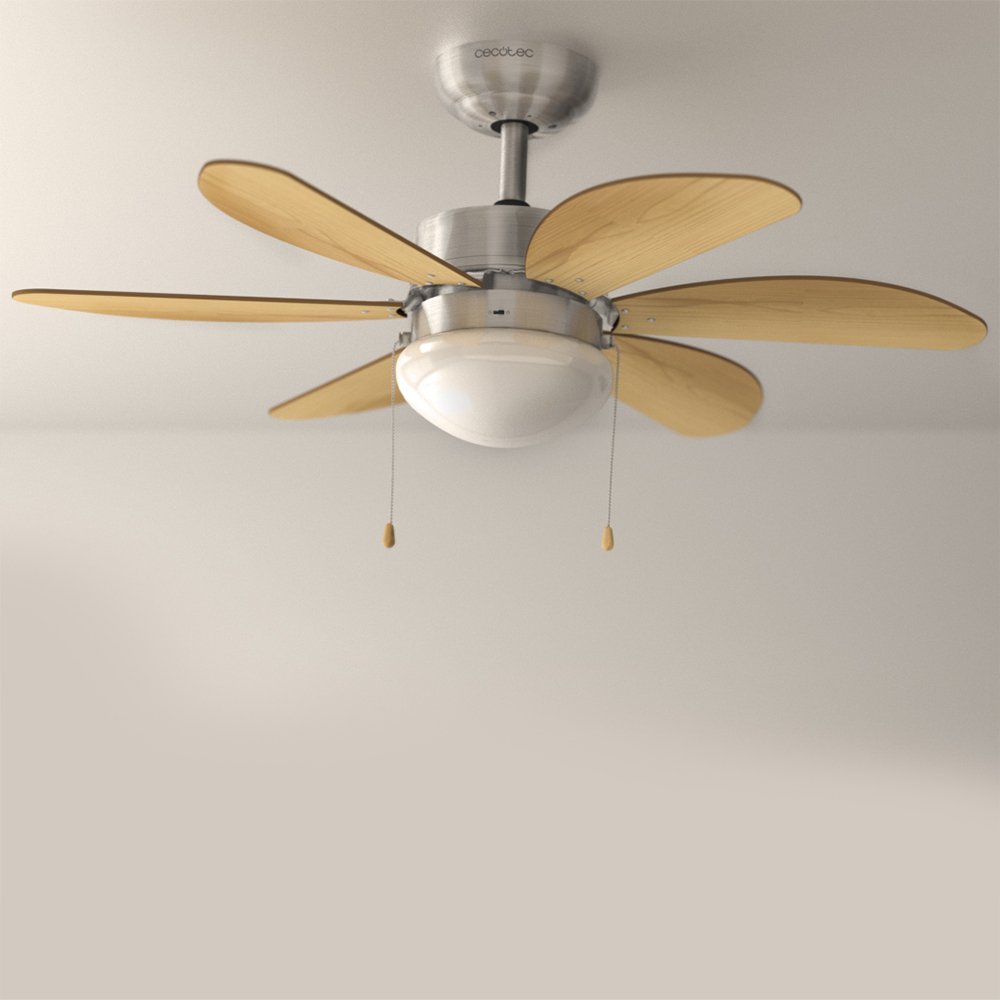 Cecotec Wentylator sufitowy EnergySilence Aero 350, 50 W, energooszczędny, średnica 81 cm, 6 odwracalnych łopatek, 3 prędkości, funkcja zimowa, wykończenie w kolorze białym/drewnie