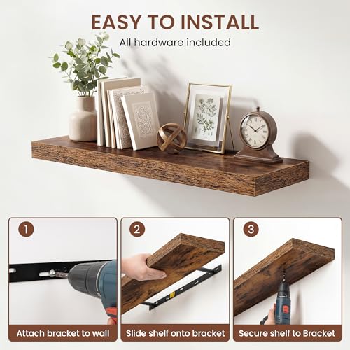 Image of Dreamland 72 Inches Floating Shelves for Wall,9.3 inch Deep Long Floating Shelves Set of 1,Large Display & Storage Shelf,Wall Shelf for Bathroom Bedroom Living Room Kitchen Office,Rustic Brown