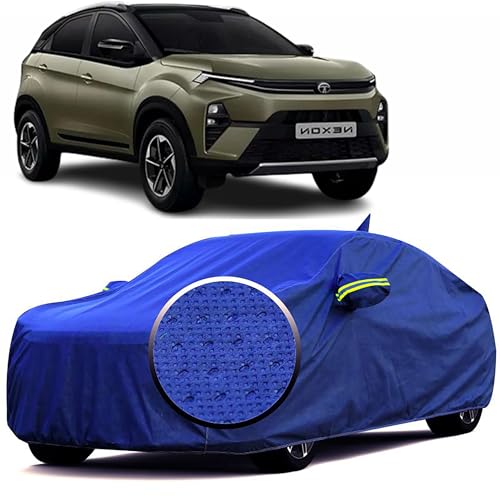 Image of 100% Waterproof 'BlueMax' Car Body Cover for Tata Nexon (2023-2025) with Mirror Pocket, Heat & UV Protection, Triple Stitched, Soft Lining, Full Bottom Elastic & Reflective Radium (Blue)