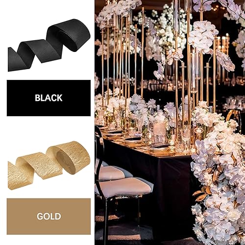 Image of PartyWoo Crepe Paper Streamers 6 Rolls 492ft, Pack of Crepe Paper in Black and Gold Color, Black and Gold Streamers, Crepe Paper for Birthday Decorations, Party Decorations (1.8 in x 82 Ft /Roll)