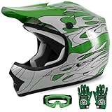 XFMT DOT Youth Kids Dirt Bike Helmet Full Face Motocross Helmets for Off-Road ATV Street Bike Four Wheeler Motorcycle with Goggles & Gloves, Green Flame Large