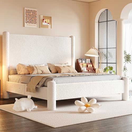 Jocisland Queen Size Upholstered Bed Frame with Boucle Chenille Fabric, Cloud-Inspired Headboard & Corner Design, Sturdy Platform Bed, No Box Spring Needed, White