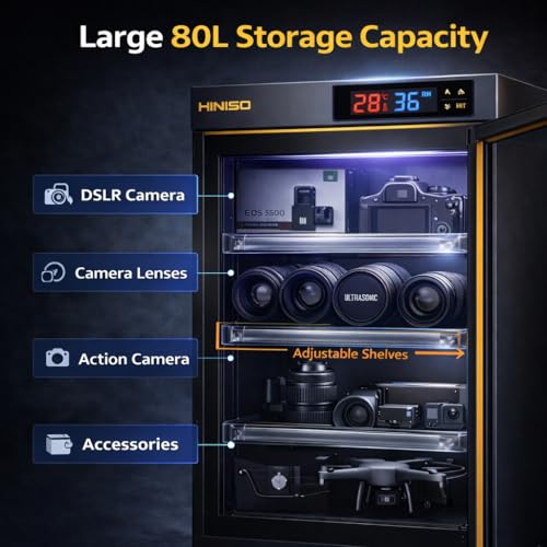 Image of HINISO 80L Camera Dry Cabinet with UV Light & Touch Panel, Electronic Humidity Control 25-60% RH, LED Display Moisture Proof Storage for DSLR, Mirrorless Cameras, Lenses & Electronics